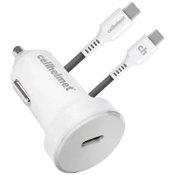 cellhelmet Single-USB Power Delivery Car Charger with USB-C to USB-C Round Cable, 3 ft., 25-Watt, White (CAR-PD-25W+R-C)