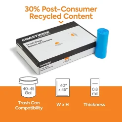 Coastwide Professional ™ 40-45 Gallon Trash Bag with 30% PCR, 40" x 46", Low Density, 0.8 mil, Blue, 150 Bags/Box (CW62412)