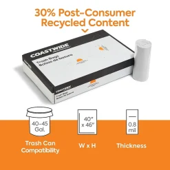 Coastwide Professional ™ 40-45 Gallon Trash Bag with 30% PCR, 40" x 46", Low Density, 0.8 mil, Clear, 150 Bags/Box (CW62415)
