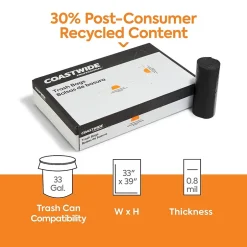 Coastwide Professional ™ 33 Gallon Trash Bag with 30% PCR, 33" x 39", Low Density, 0.8 mil, Black, 200 Bags/Box (CW62416)