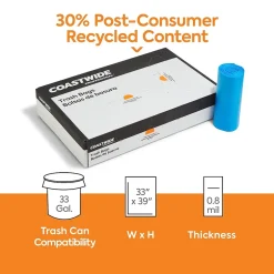 Coastwide Professional ™ 33 Gallon Trash Bag with 30% PCR, 33" x 39", Low Density, 0.8 mil, Blue, 200 Bags/Box (CW62418)