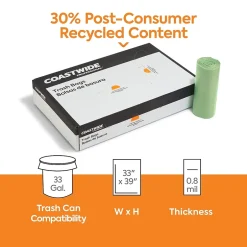 Coastwide Professional ™ 33 Gallon Trash Bag with 30% PCR, 33" x 39", Low Density, 0.8 mil, Green, 200 Bags/Box (CW62421)