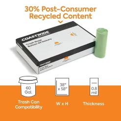 Coastwide Professional ™ 60 Gallon Trash Bag with 30% PCR, 38" x 58", Low Density, 0.8 mil, Green, 100 Bags/Box (CW62423)