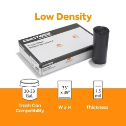 Coastwide Professional ™ 30-33 Gallon Trash Bag, 33" x 39", Low Density, 1.5 mil, Black, 100 Bags/Box (CW25530)