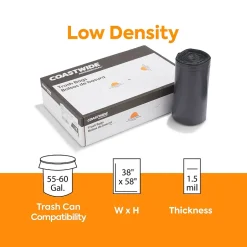 Coastwide Professional ™ 55-60 Gallon Trash Bag, 38" x 58", Low Density, 1.5 mil, Black, 5 100 Bags/Box (CW25531)