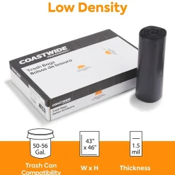 Coastwide Professional ™ 50-56 Gallon Trash Bag, 43" x 46", Low Density, 1.5 mil, Black, 100 Bags/Box (CW22341)