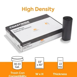 Coastwide Professional ™ 30-33 Gallon Trash Bag, 33" x 40", High Density, 22 mic, Black, 200 Bags/Box (CW17969)