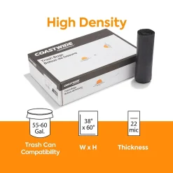 Coastwide Professional ™ 55-60 Gallon Trash Bag, 38" x 60", High Density, 22 mic, Black, 150 Bags/Box (CW17712)