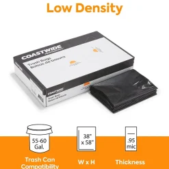 Coastwide Professional ™ 55-60 Gallon Trash Bag, 38" x 58", Low Density, 0.95 mil, Black, 100 Bags/Box (CW18188)