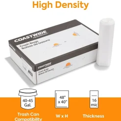 Coastwide Professional ™ 40-45 Gallon Trash Bag, 40" x 48", High Density, 16 mic, Natural, 250 Bags/Box (CW18204)