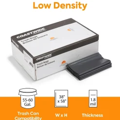 Coastwide Professional ™ 55-60 Gallon Trash Bag, 38" x 58", Low Density, 1.8 mil, Black, 100 Bags/Box (CW18207)