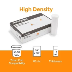 Coastwide Professional ™ 55-60 Gallon Trash Bag, 38" x 60", High Density, 16 mic, Natural, 200 Bags/Box (CW18202)