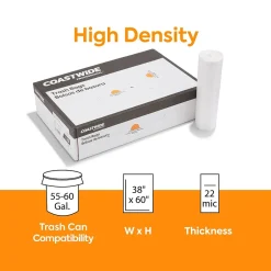 Coastwide Professional ™ 55-60 Gallon Trash Bag, 38" x 60", High Density, 22 mic, Natural, 150 Bags/Box (CW19249)