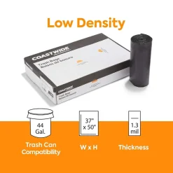 Coastwide Professional ™ AccuFit 44 Gallon Trash Bag, 37" x 50", Low Density, 1.3 mil, Black, 100 Bags/Box (CW22752)