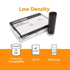 Coastwide Professional ™ AccuFit 55 Gallon Trash Bag, 40" x 53", Low Density, 1.3 mil, Black, 100 Bags/Box (CW22753)