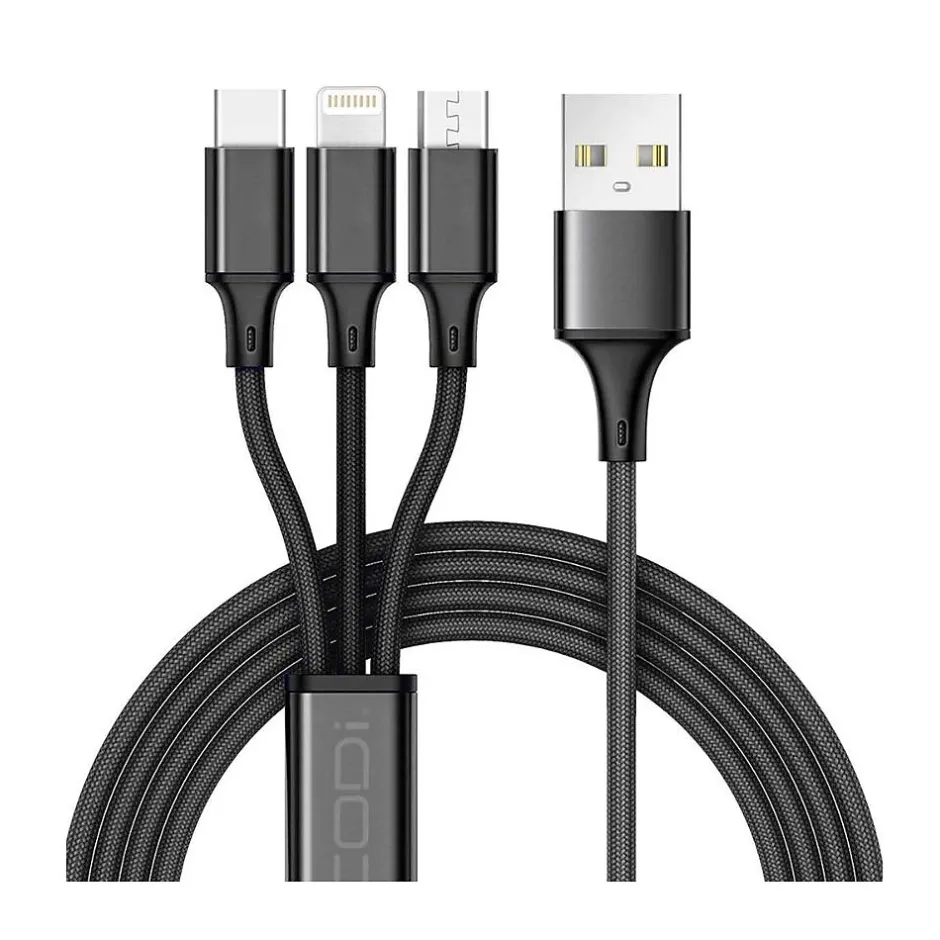 Ethernet Cables<CODi Multi-Charging Braided USB-A Cable with USB-C/Micro USB/Lightning Connectors, Black (A10168)