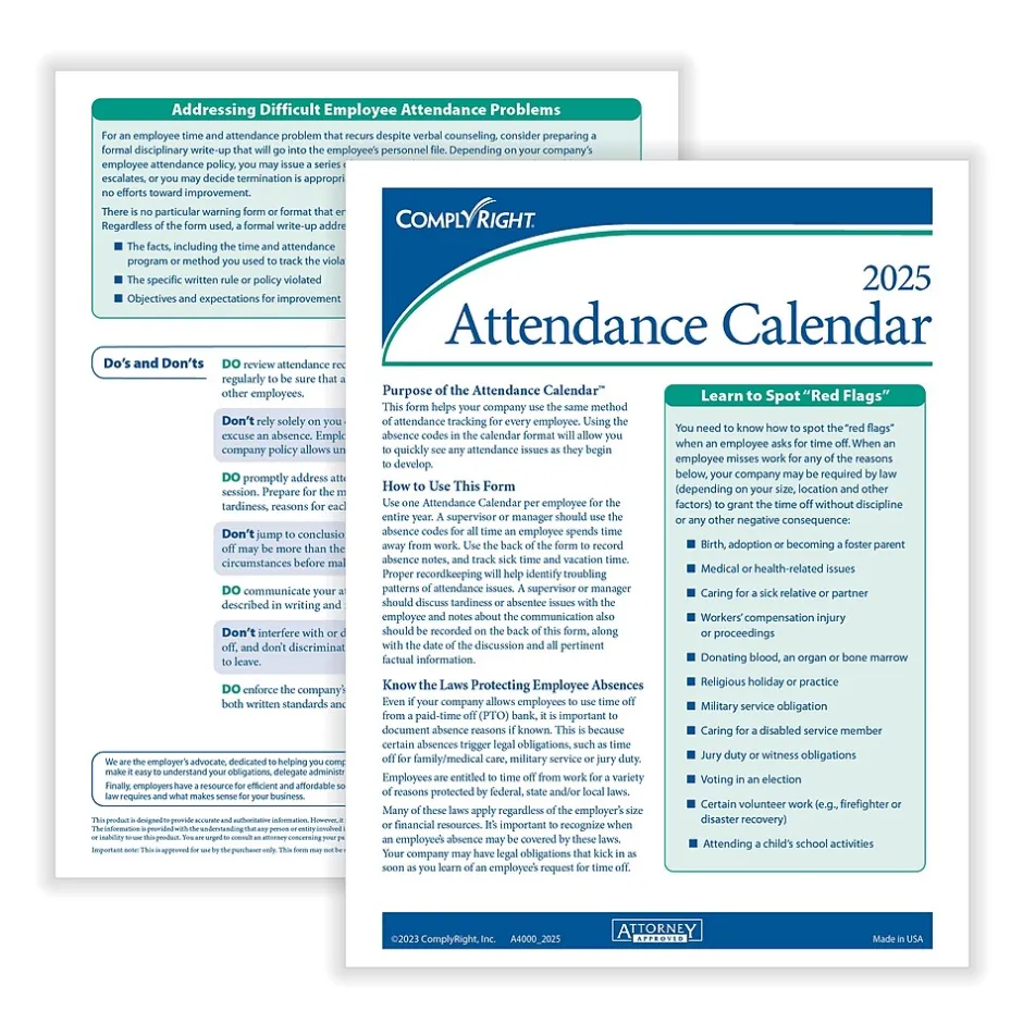 Best 2025 Attendance Calendar Set, 200 Forms/Pack (A1411W16PK200) Hr Forms