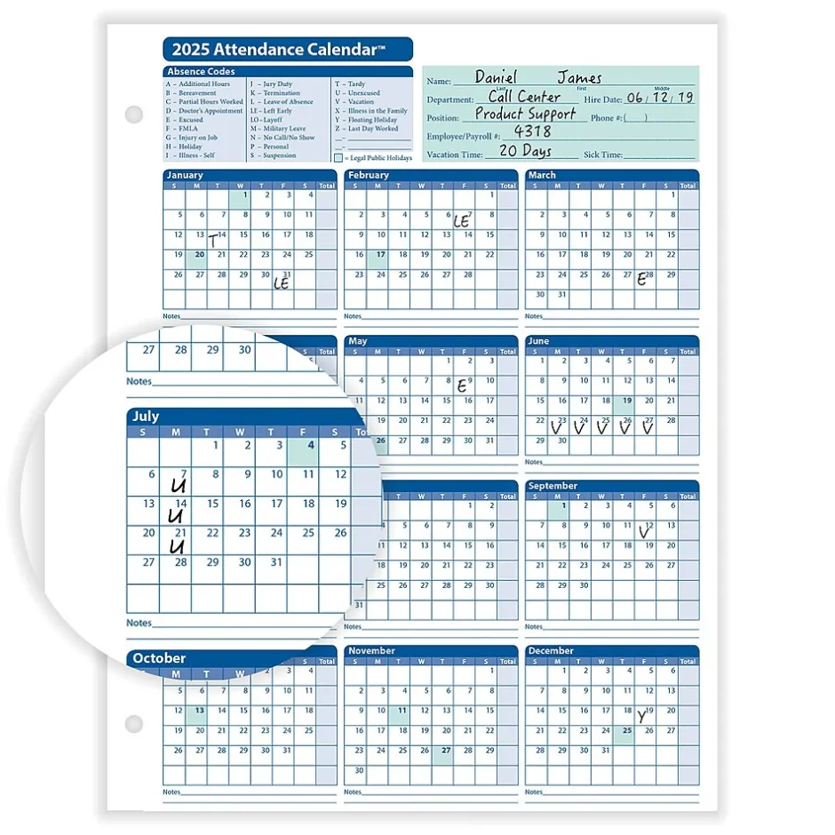 Discount 2025 Attendance Calendar Set, 50 Forms/Pack (A1411W16PK50) Hr Forms