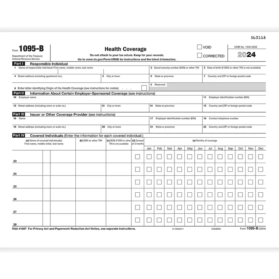 Sale 2024 1095-B Tax Form, 1-Part, White/Black, 50/Pack (1095BIRS50) Tax Forms