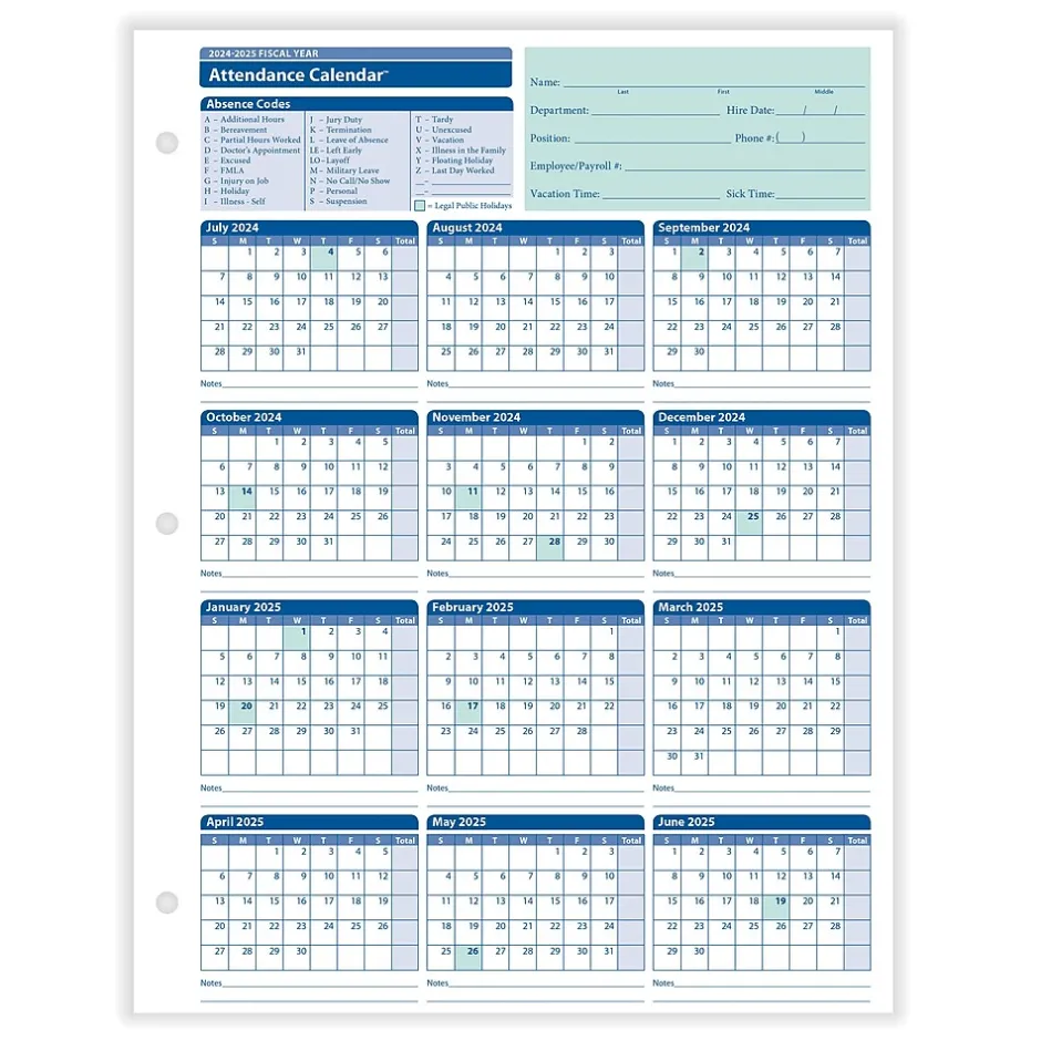 2024-2025 Fiscal Attendance Calendar, 50/Pack (A42005015) Hr Forms