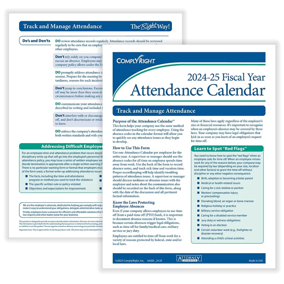 2024-2025 Fiscal Attendance Calendar, 50/Pack (A42005015) Hr Forms