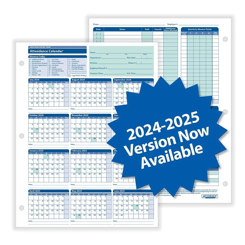 2024-2025 Fiscal Attendance Calendar, 50/Pack (A42005015) Hr Forms