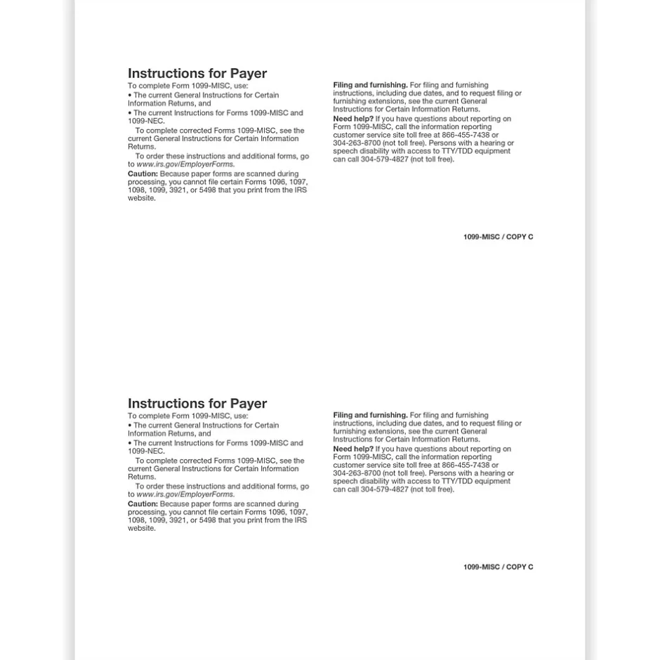 Sale 2024 1099-MISC Tax Form, 1-Part, 2-Up, Payer Copy C, 50/Pack (511250) Tax Forms