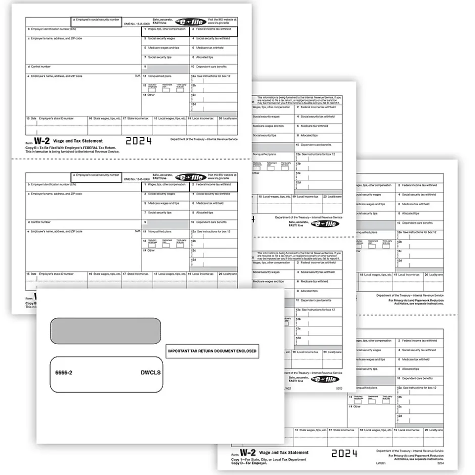 2024 W-2 Tax Form Envelopes/Recipient Copy Only, 5-Part, 2-Up, Copy B, C/2, D/1, 25/Pack (5648E25) Tax Forms