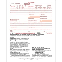 2024 W-3 Tax Form, 1-Part, Transmittal, 10/Pack (520010) Tax Forms