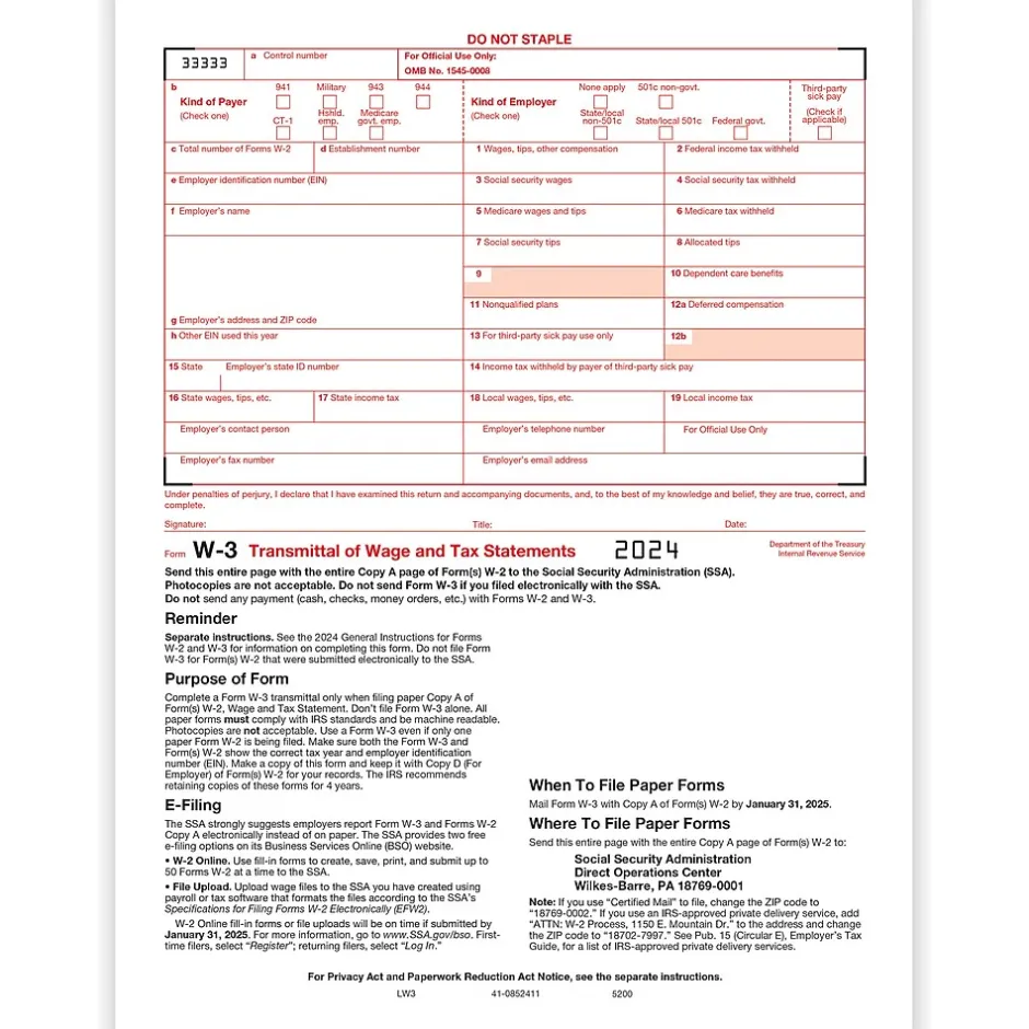 2024 W-3 Tax Form, 1-Part, Transmittal, 10/Pack (520010) Tax Forms