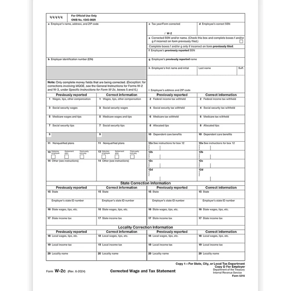 2024 W-2C Tax Form, 1-Part, Copy 1/D, 50/Pack (531550) Tax Forms