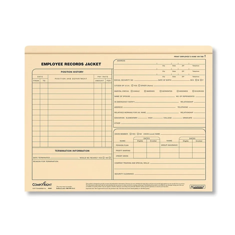 New ™ Employee Records Folder, Letter Size, Pack of 25 (A5001) Hr Forms