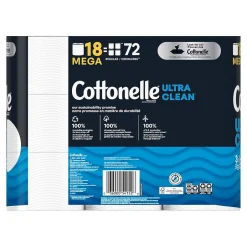 Cottonelle Ultra Clean Toilet Paper, 1-Ply, White, 312 Sheets/Roll, 18 Rolls/Pack (54152)