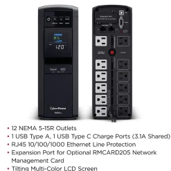 Battery Backup<CyberPower PFC Sinewave 1500VA UPS, 12-Outlets, Black (CP1500PFCLCD)