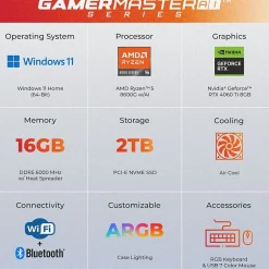 CyberPowerPC Gamer Master Gaming Desktop Computer, AMD Ryzen 5 8600G, 16GB DDR5 Memory, 2TB SSD (GMAI3200CPG)* Gaming Desktops