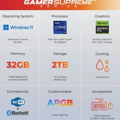 CyberPowerPC Gamer Supreme Gaming Desktop Computer, Intel Core i9-14900KF, 32GB Memory, 2TB SSD (SLC10220CPGV10)* Gaming Desktops