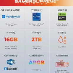 CyberPowerPC Gamer Supreme Gaming Desktop Computer, Intel Core i7-14700F, 16GB Memory, 2TB SSD (SLC10000CPGV16)* Gaming Desktops