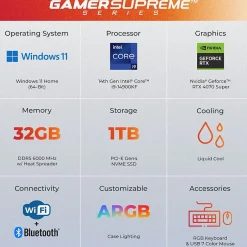 CyberPowerPC Gamer Supreme Gaming Desktop Computer, Intel Core i9-14900KF, 32GB Memory, 1TB SSD (SLC10200CPGV12)* Gaming Desktops