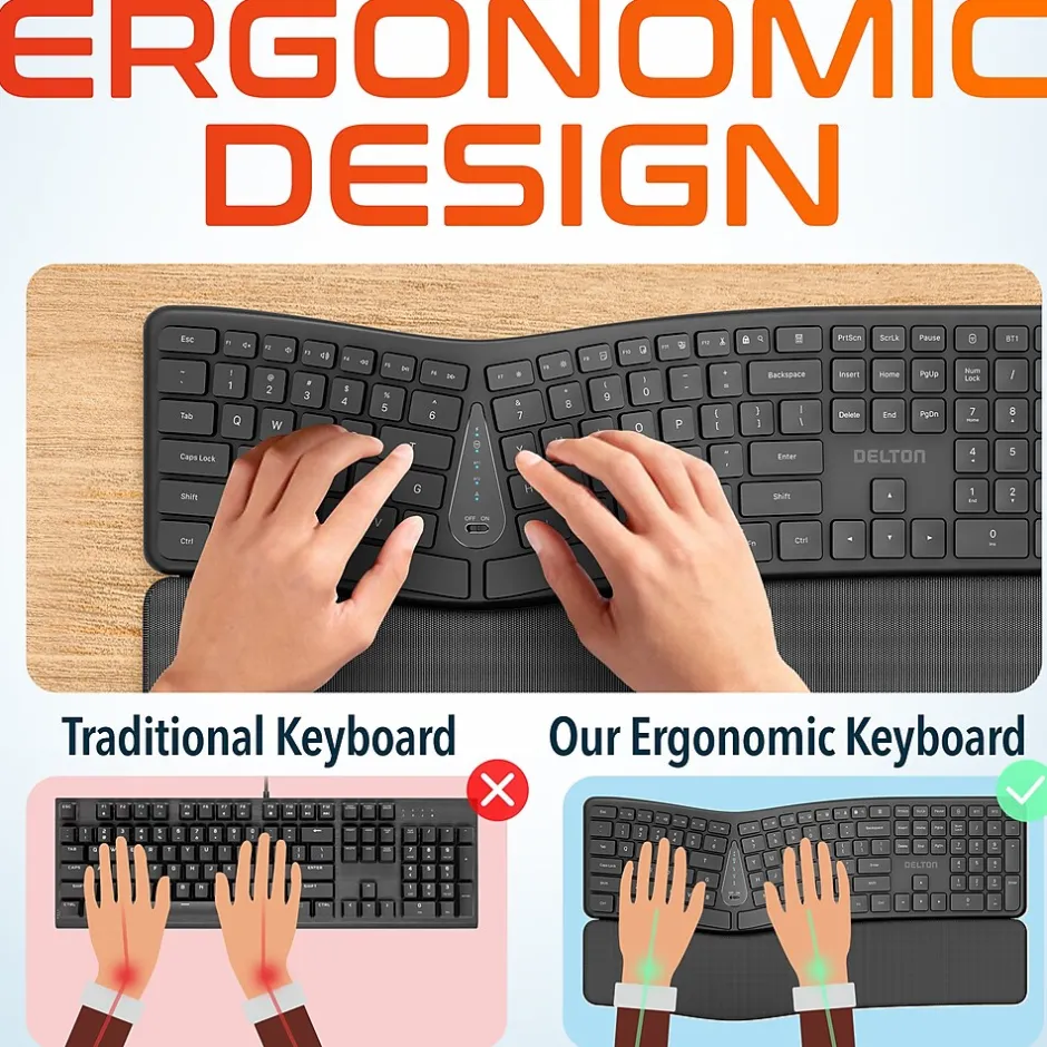 Delton KB250 Ergonomic Wireless Curved Keyboard with Cushioned Wrist Rest, Black (DKBE250-WR)* Ergonomic Keyboards