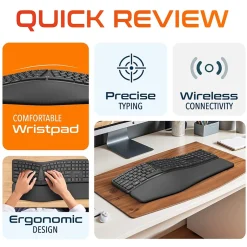 Delton KB250 Ergonomic Wireless Curved Keyboard with Cushioned Wrist Rest, Black (DKBE250-WR)* Ergonomic Keyboards