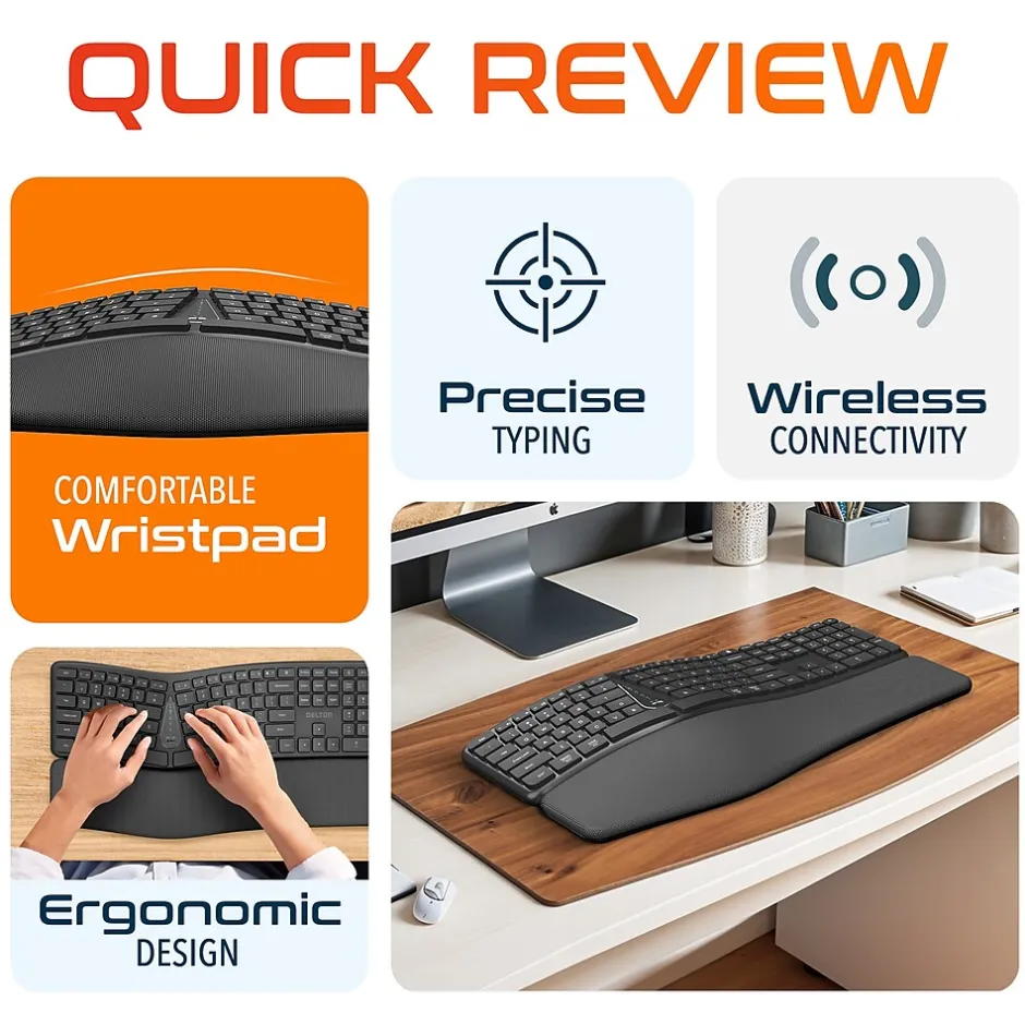 Delton KB250 Ergonomic Wireless Curved Keyboard with Cushioned Wrist Rest, Black (DKBE250-WR)* Ergonomic Keyboards