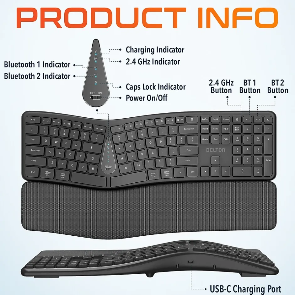 Delton KB250 Ergonomic Wireless Curved Keyboard with Cushioned Wrist Rest, Black (DKBE250-WR)* Ergonomic Keyboards