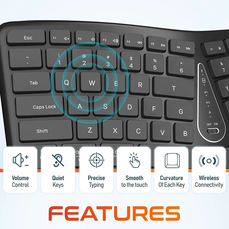 Delton KB250 Ergonomic Wireless Curved Keyboard with Cushioned Wrist Rest, Black (DKBE250-WR)* Ergonomic Keyboards