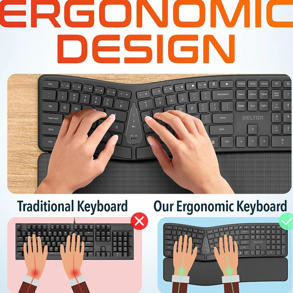 Delton KB250 Wireless Ergonomic Keyboard, Black (DKBE250-WB)* Ergonomic Keyboards