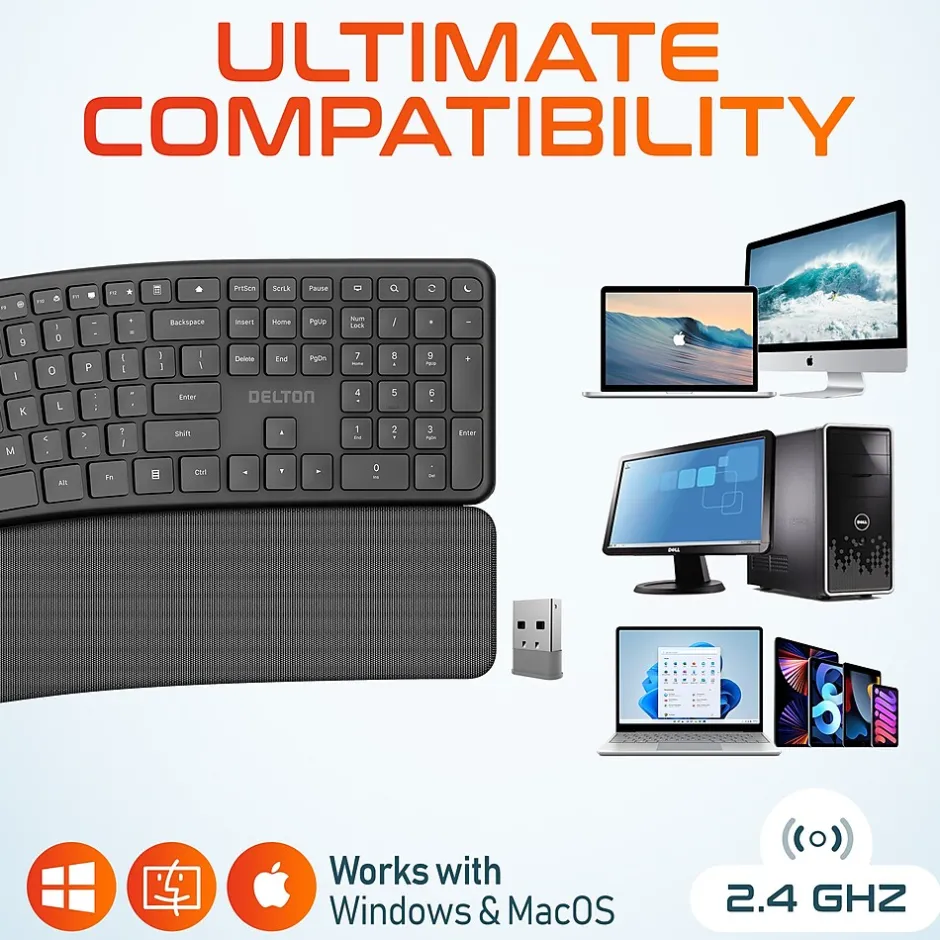 Delton KB250 Wireless Ergonomic Keyboard, Black (DKBE250-WB)* Ergonomic Keyboards