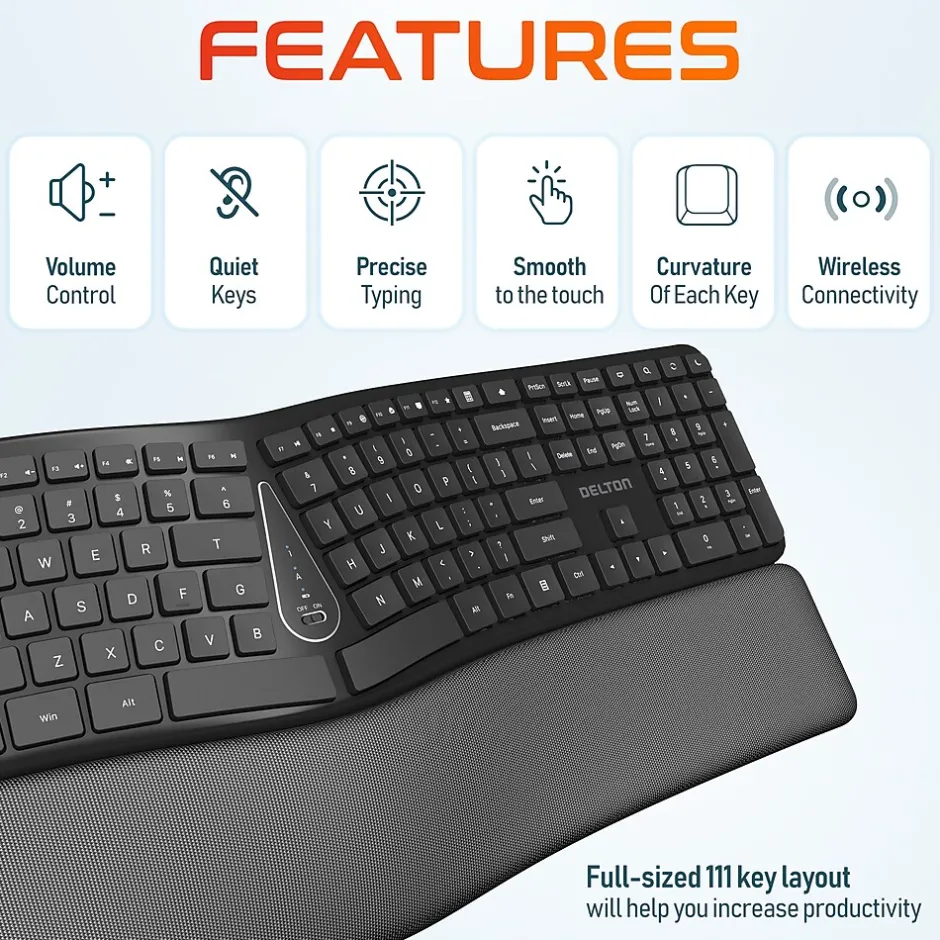 Delton KB250 Wireless Ergonomic Keyboard, Black (DKBE250-WB)* Ergonomic Keyboards