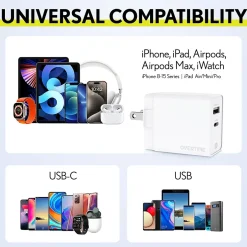 Delton Overtime Charger USB-A/USB-C Wall Charger for Multiple Brands, White (DH2USB2A)