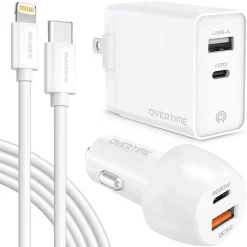 Delton Overtime USB-C/USB Wall & Car Chargers with Apple MFi Certified Cable for iPhone/iPad, White (CE14542A)