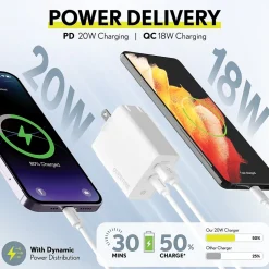 Delton Overtime USB-C/USB Wall & Car Chargers with Apple MFi Certified Cable for iPhone/iPad, White (CE14542A)