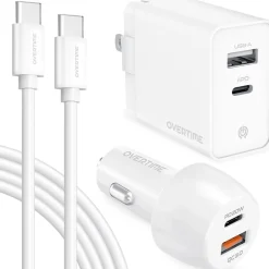 Overtime Delton USB-C/USB Wall Charger and Car Charger with Certified USB-C Cable for iPhone 15/Android, White (DAC3IN12USBRG)